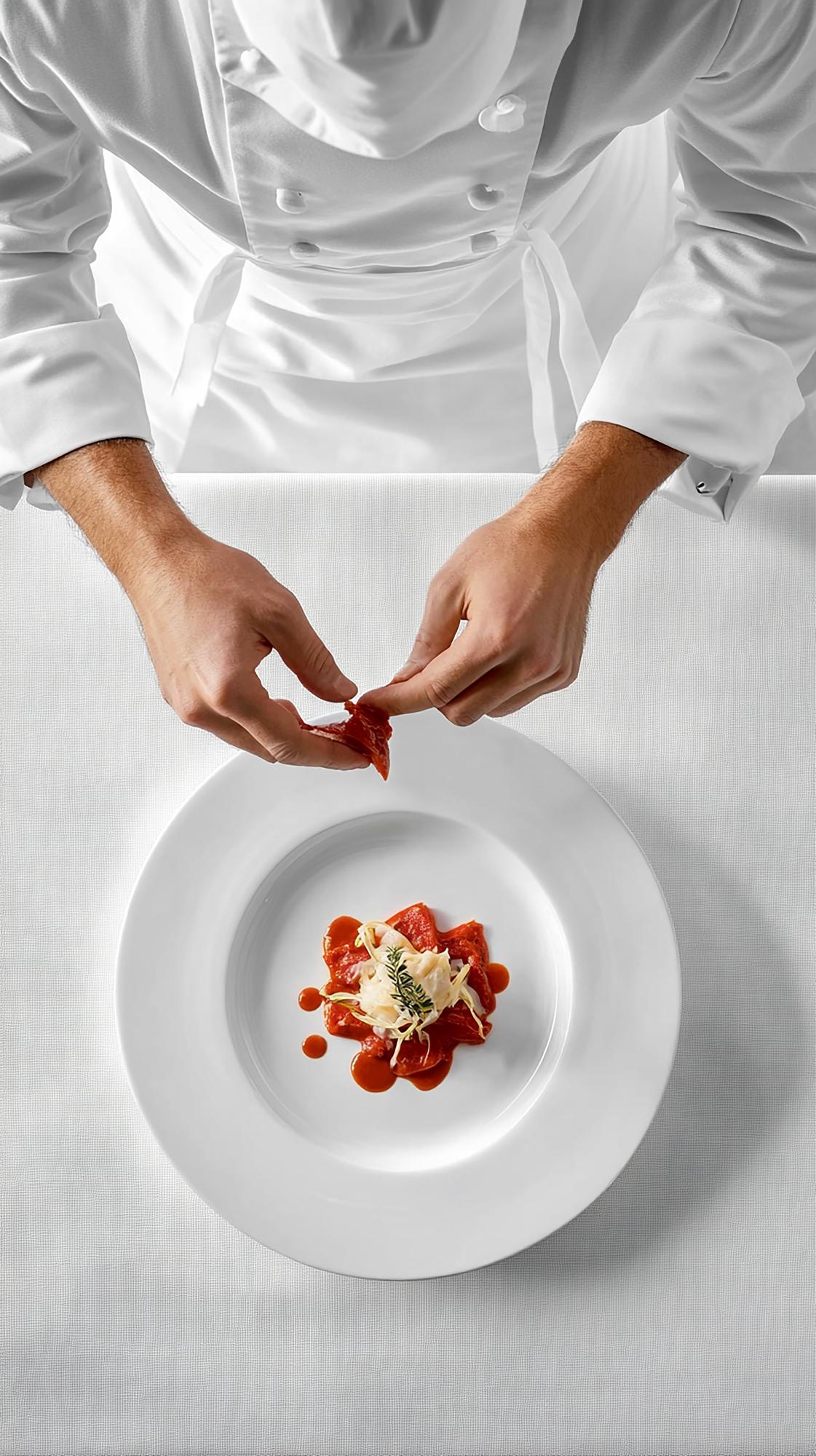 Chef demonstrating plated dish in elegant kitchen